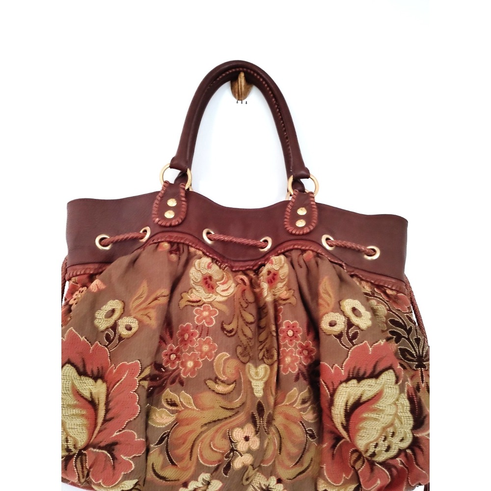 Isabella Fiore Floral Tapestry Satchel Handbag Brown Leather Trim Boho VTG Purse - Picture 8 of 16